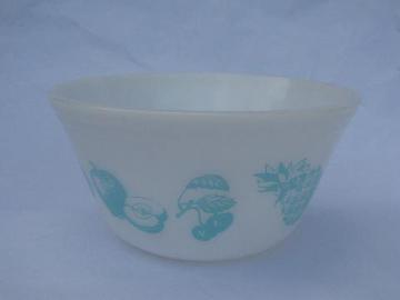 catalog photo of turquoise Fruit Fare pattern retro vintage kitchen glass mixing bowl