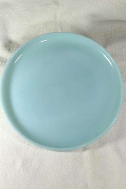 photo of turquoise blue Fire King oven ware dinner plate, vintage azurite delphite blue glassware #1