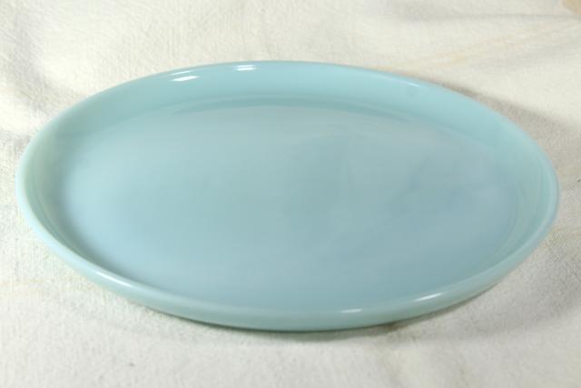 photo of turquoise blue Fire King oven ware dinner plate, vintage azurite delphite blue glassware #2