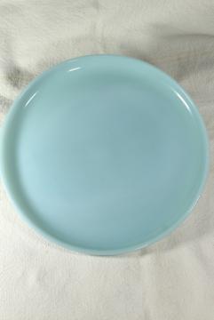 catalog photo of turquoise blue Fire King oven ware dinner plate, vintage azurite delphite blue glassware