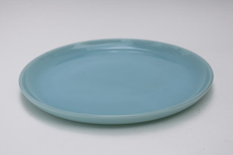 photo of turquoise blue Fire King oven ware dinner plate, vintage azurite delphite blue glassware #1