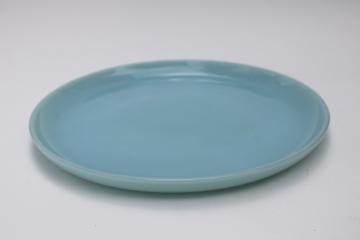 catalog photo of turquoise blue Fire King oven ware dinner plate, vintage azurite delphite blue glassware