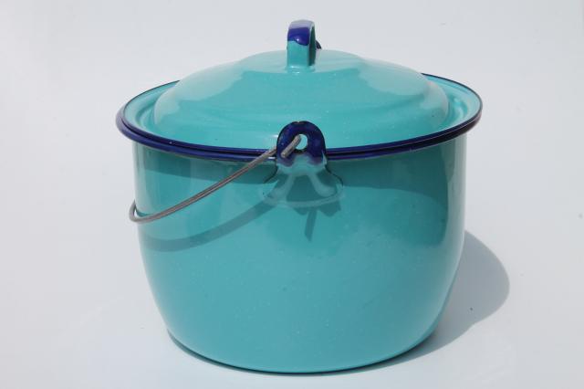 photo of turquoise blue enamelware berry bucket / lunch pail / camp kettle pot w/ lid #6