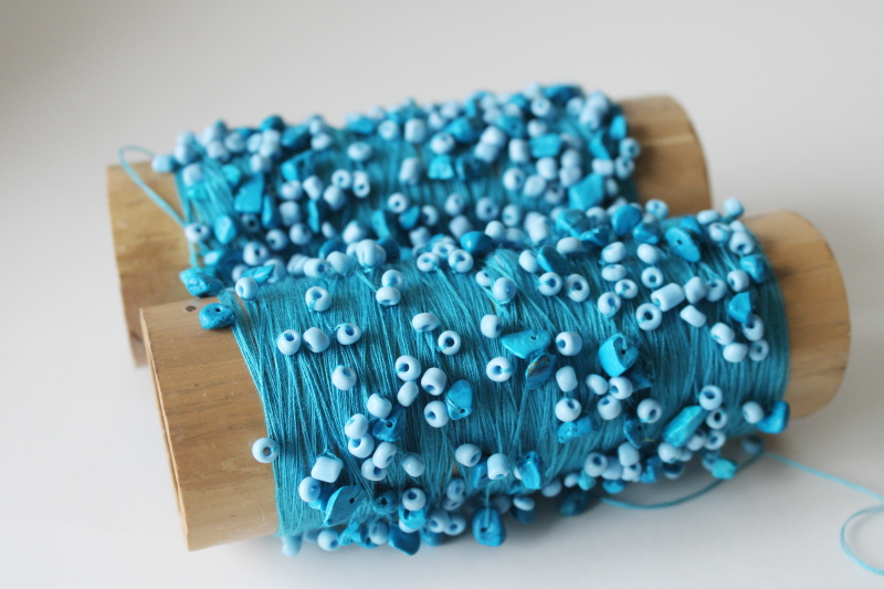 photo of turquoise glass seed beads threaded knotted on cotton crochet thread, hand beaded yarn  #2