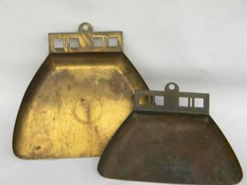 catalog photo of two Arts & Crafts Mission vintage brass crumb pans for bungalow table