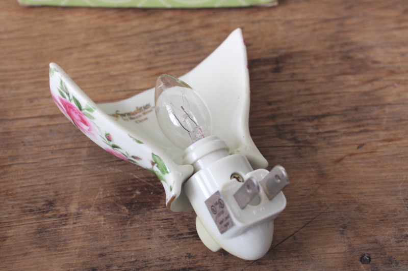 photo of two china teacup night lights, rose chintz floral & purple transferware outlet plug in lights  #2