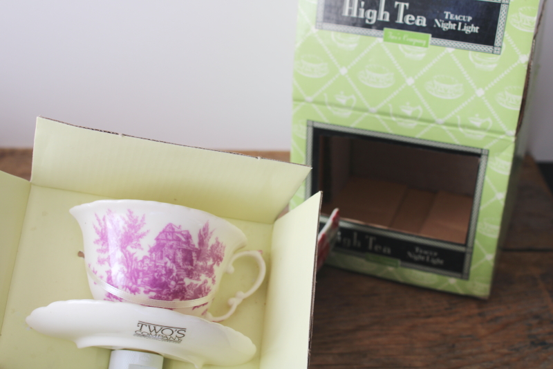 photo of two china teacup night lights, rose chintz floral & purple transferware outlet plug in lights  #4