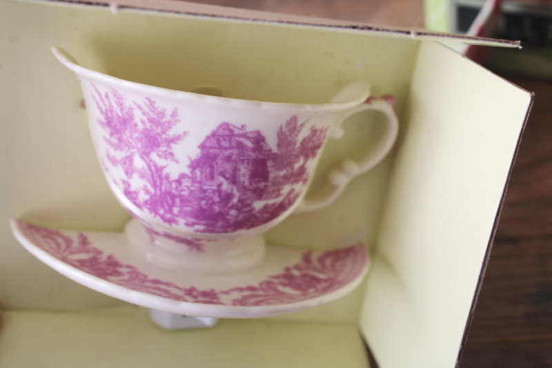 photo of two china teacup night lights, rose chintz floral & purple transferware outlet plug in lights  #5