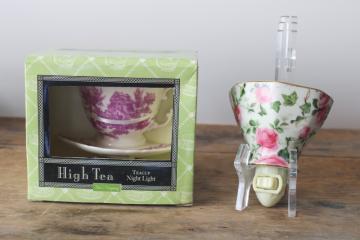 catalog photo of two china teacup night lights, rose chintz floral & purple transferware outlet plug in lights 