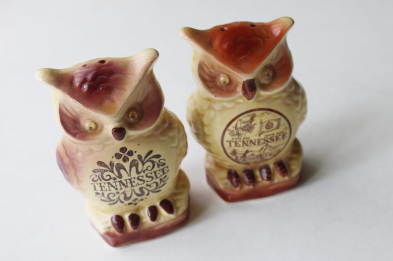 photo of two googly eyed owls, vintage Japan ceramic S&P shakers souvenir of Tennessee #1