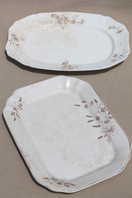 photo of two huge antique ironstone platters, shabby vintage brown transferware china #1