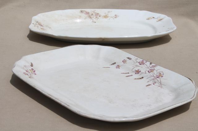 photo of two huge antique ironstone platters, shabby vintage brown transferware china #3