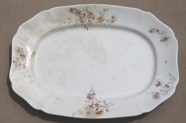 photo of two huge antique ironstone platters, shabby vintage brown transferware china #8