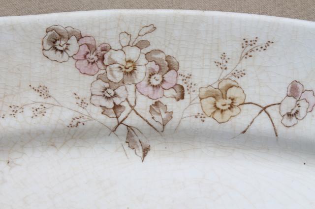 photo of two huge antique ironstone platters, shabby vintage brown transferware china #9