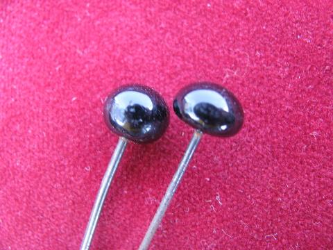 photo of two long antique hat pins, early 1900s vintage hatpins w/ jet black glass bead heads #2