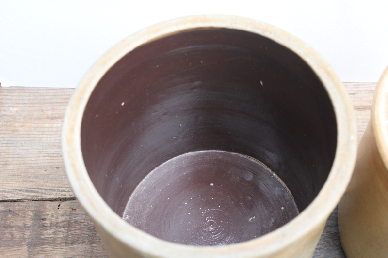 photo of two old worn browned stoneware crocks, large planter pots for trees or greenery, farmhouse kitchen storage  #2