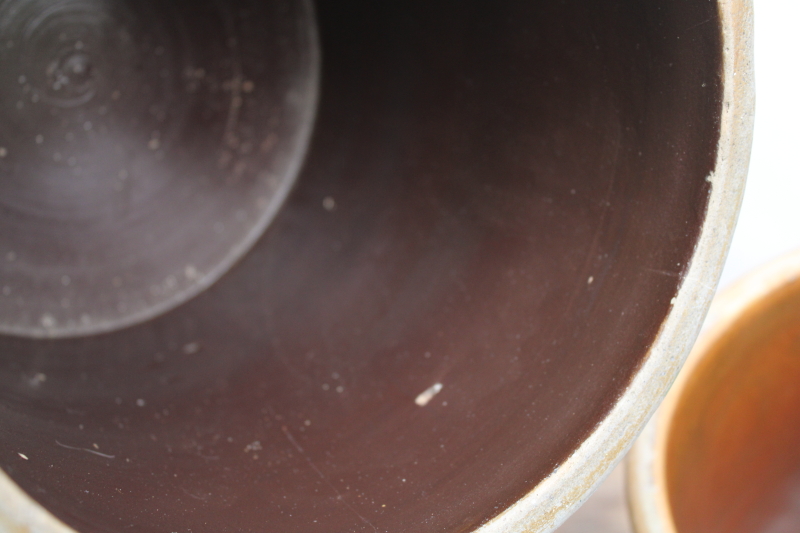 photo of two old worn browned stoneware crocks, large planter pots for trees or greenery, farmhouse kitchen storage  #6