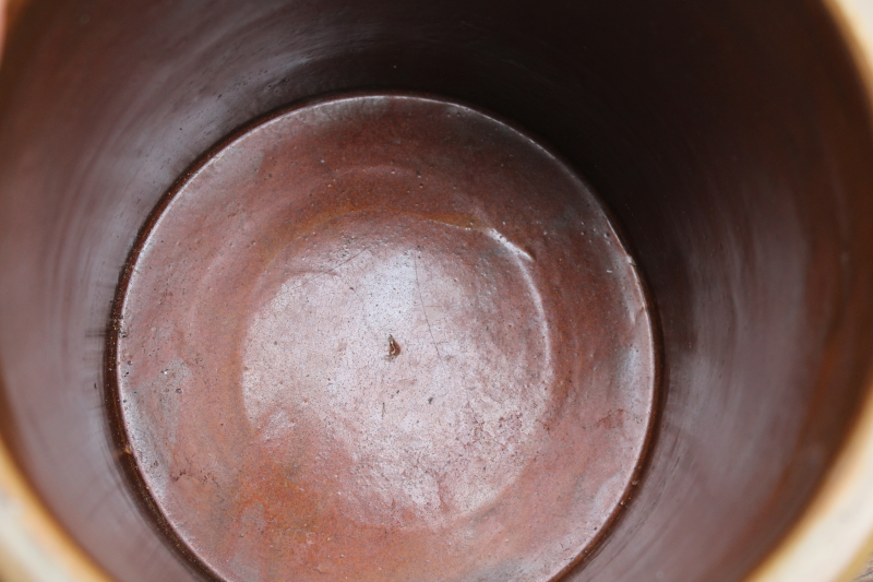 photo of two old worn browned stoneware crocks, large planter pots for trees or greenery, farmhouse kitchen storage  #7