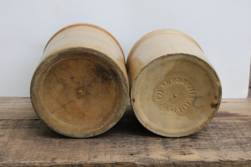 photo of two old worn browned stoneware crocks, large planter pots for trees or greenery, farmhouse kitchen storage  #11