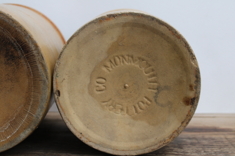 photo of two old worn browned stoneware crocks, large planter pots for trees or greenery, farmhouse kitchen storage  #12