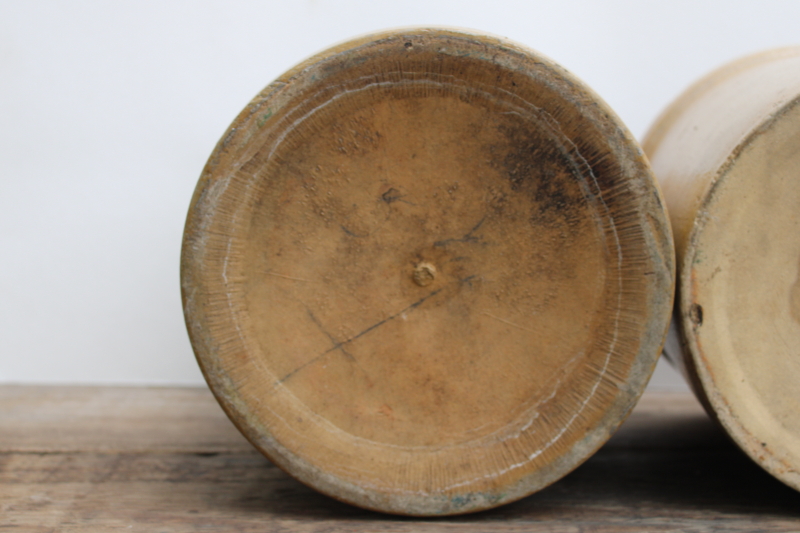 photo of two old worn browned stoneware crocks, large planter pots for trees or greenery, farmhouse kitchen storage  #13