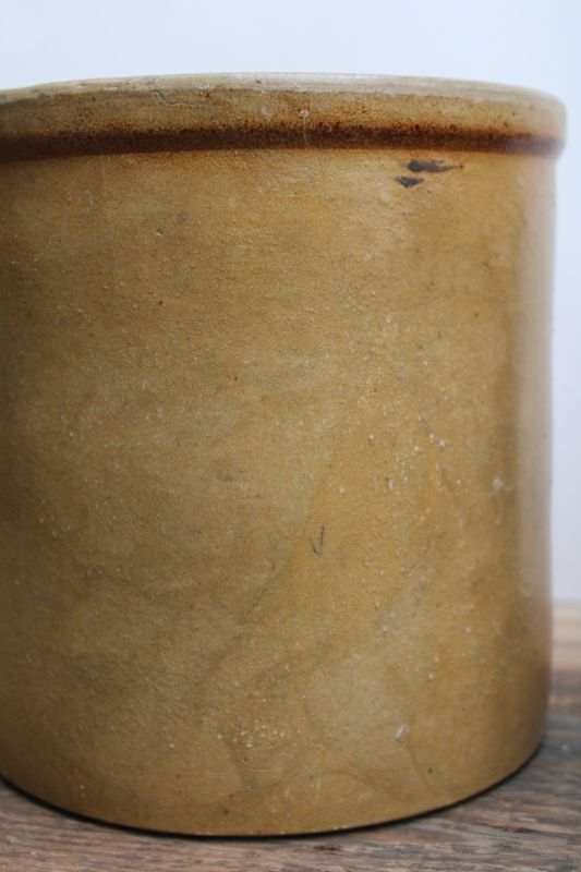 photo of two old worn browned stoneware crocks, large planter pots for trees or greenery, farmhouse kitchen storage  #15