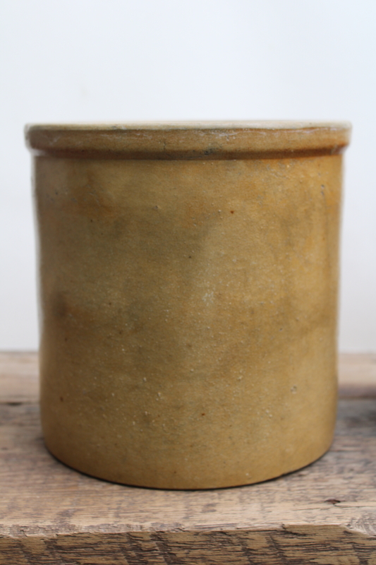 photo of two old worn browned stoneware crocks, large planter pots for trees or greenery, farmhouse kitchen storage  #16