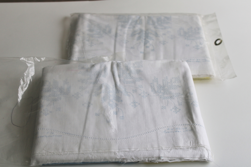 photo of two pair vintage cotton pillowcases stamped for embroidery, fall flowers maple leaves  #5