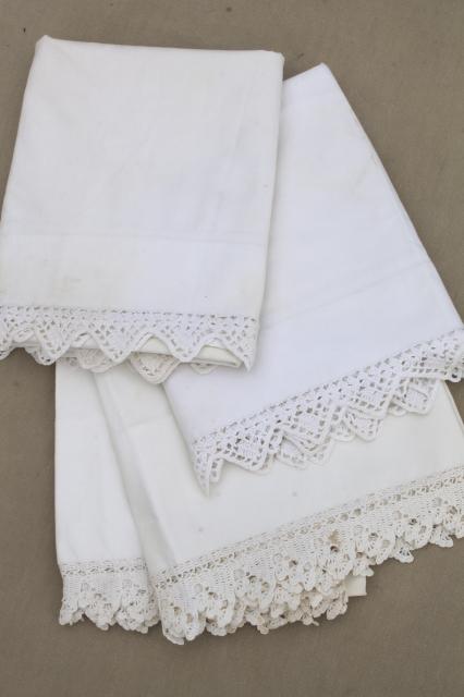 photo of two pairs vintage all white cotton pillowcases w/ handmade crochet lace edgings #1