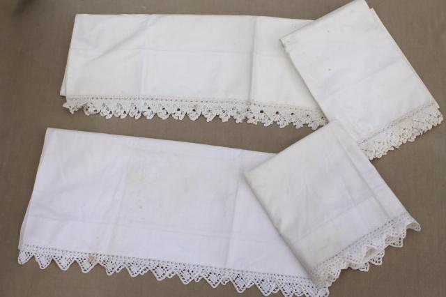 photo of two pairs vintage all white cotton pillowcases w/ handmade crochet lace edgings #2