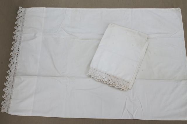 photo of two pairs vintage all white cotton pillowcases w/ handmade crochet lace edgings #3