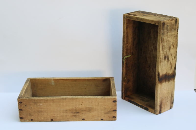 photo of two primitive old wood boxes, small storage crates rustic vintage farmhouse decor  #1