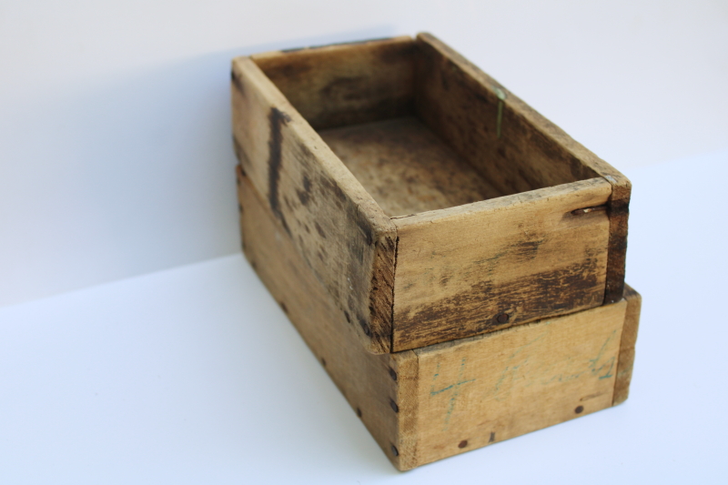 photo of two primitive old wood boxes, small storage crates rustic vintage farmhouse decor  #6