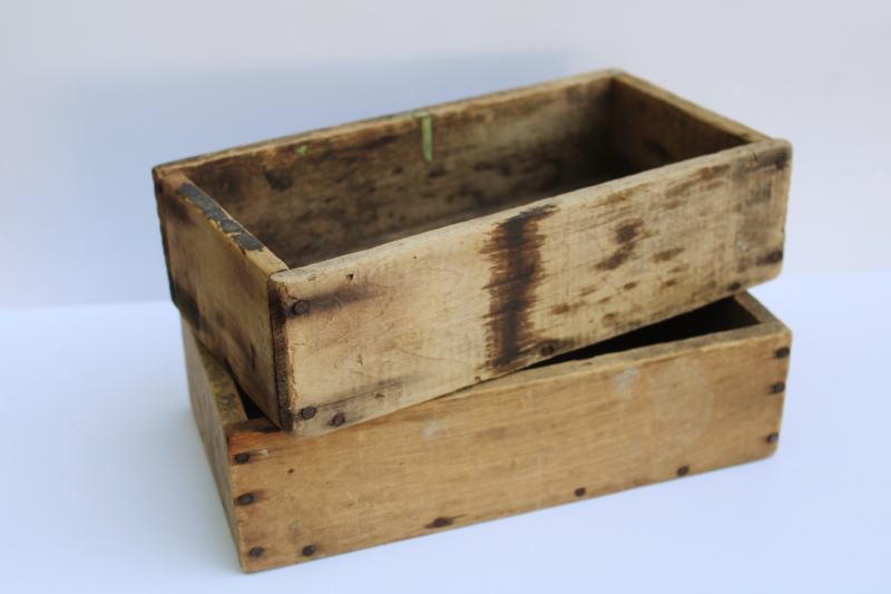 photo of two primitive old wood boxes, small storage crates rustic vintage farmhouse decor  #7