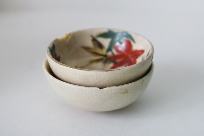 photo of two tiny old tea bowls or sauce dishes, wabi sabi crazed worn hand painted Japan ceramic  #1