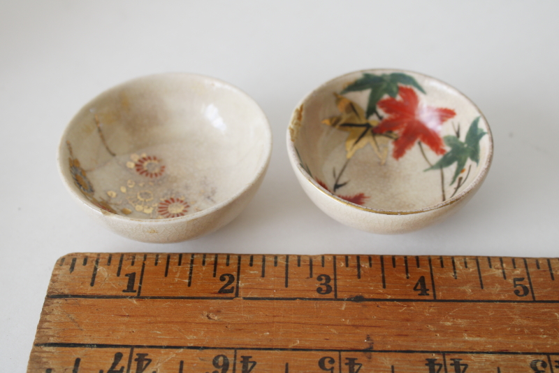 photo of two tiny old tea bowls or sauce dishes, wabi sabi crazed worn hand painted Japan ceramic  #2