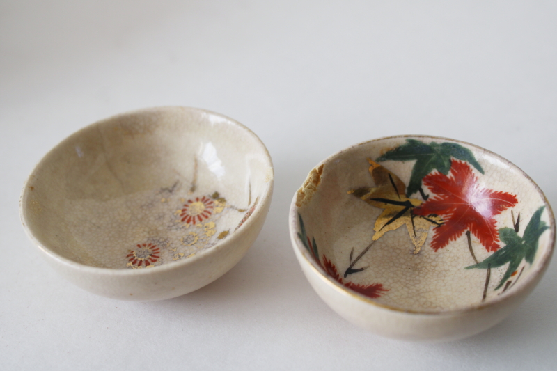 photo of two tiny old tea bowls or sauce dishes, wabi sabi crazed worn hand painted Japan ceramic  #3