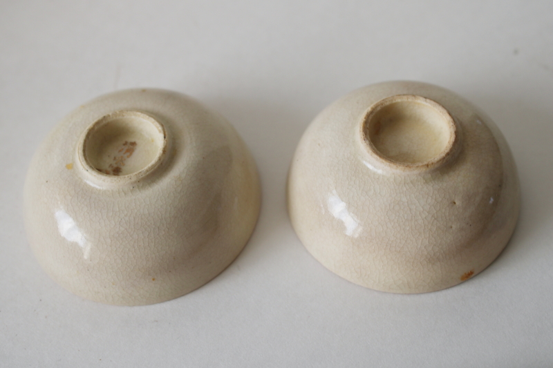 photo of two tiny old tea bowls or sauce dishes, wabi sabi crazed worn hand painted Japan ceramic  #4