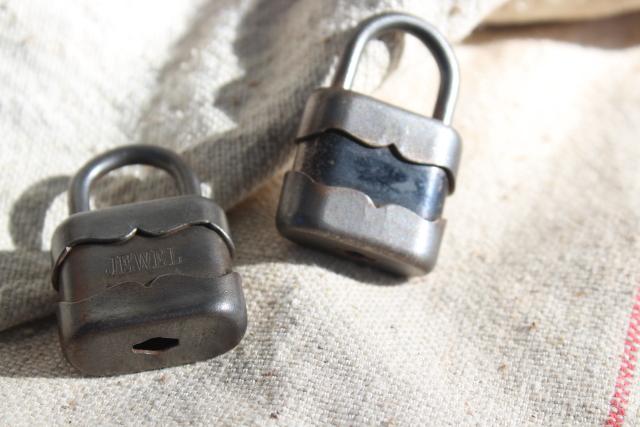 photo of two tiny vintage padlocks, no keys - old G&J padlock, Jewel lock #1