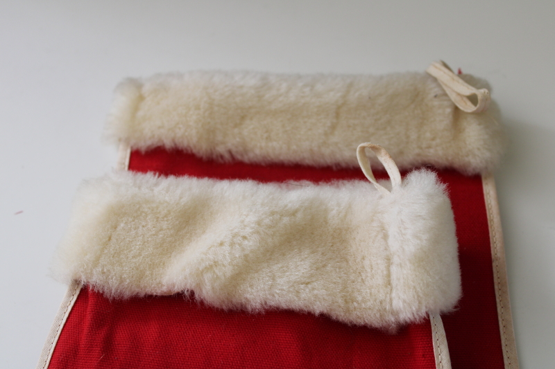photo of two vintage Christmas stockings, 1950s dime store decorations red cotton w/ furry trim  #2
