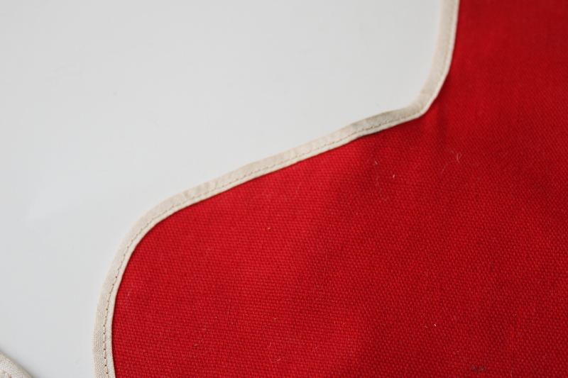 photo of two vintage Christmas stockings, 1950s dime store decorations red cotton w/ furry trim  #3