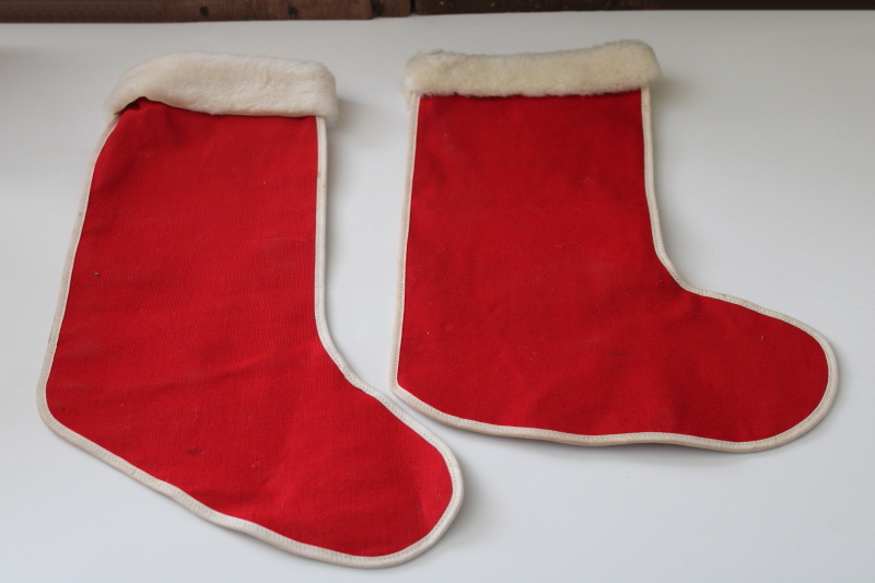 photo of two vintage Christmas stockings, 1950s dime store decorations red cotton w/ furry trim  #4