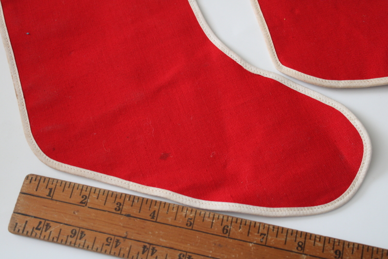 photo of two vintage Christmas stockings, 1950s dime store decorations red cotton w/ furry trim  #5