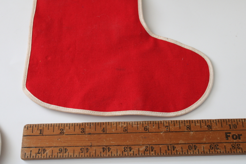 photo of two vintage Christmas stockings, 1950s dime store decorations red cotton w/ furry trim  #6