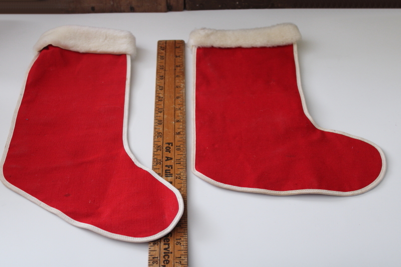 photo of two vintage Christmas stockings, 1950s dime store decorations red cotton w/ furry trim  #7