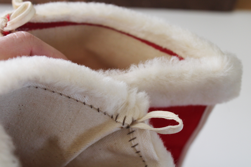 photo of two vintage Christmas stockings, 1950s dime store decorations red cotton w/ furry trim  #8