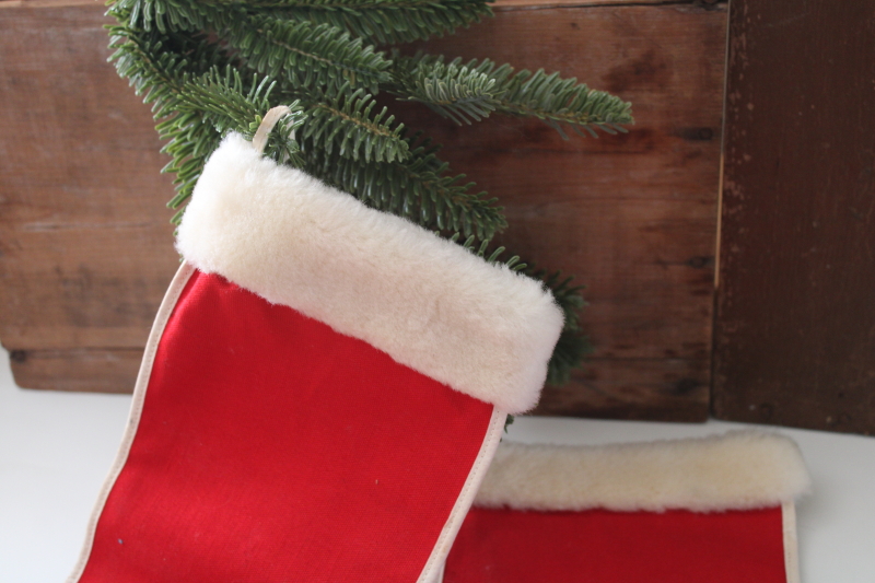 photo of two vintage Christmas stockings, 1950s dime store decorations red cotton w/ furry trim  #9