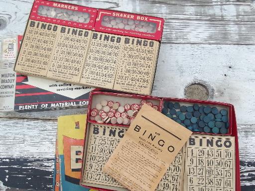 photo of two vintage bingo sets, lot wood parts numbers and markers, game cards #1