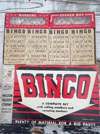 photo of two vintage bingo sets, lot wood parts numbers and markers, game cards #2