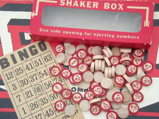 photo of two vintage bingo sets, lot wood parts numbers and markers, game cards #4